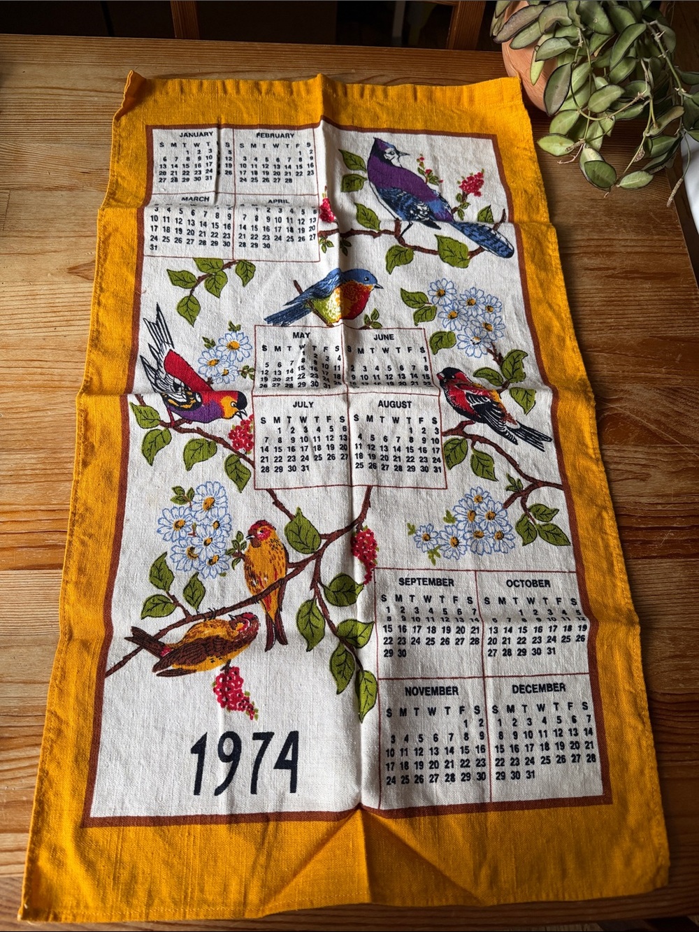 Vintage 1974 Bird Calendar Tea Towel